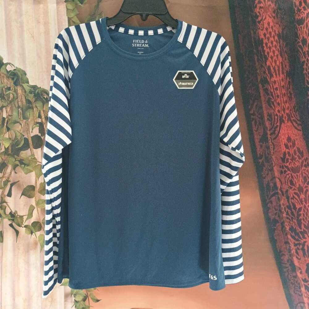 NWT: Field & Stream Sz XL Blue Insign Striped Performance Top UPF 30+